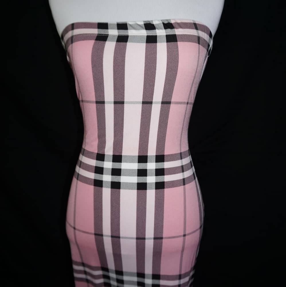 pink strapless plaid dress
